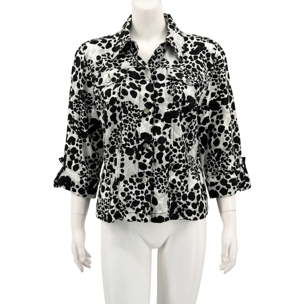 Ruby Rd Jacket Womens Medium Black White Animal Print Sheer Linen Summer Travel